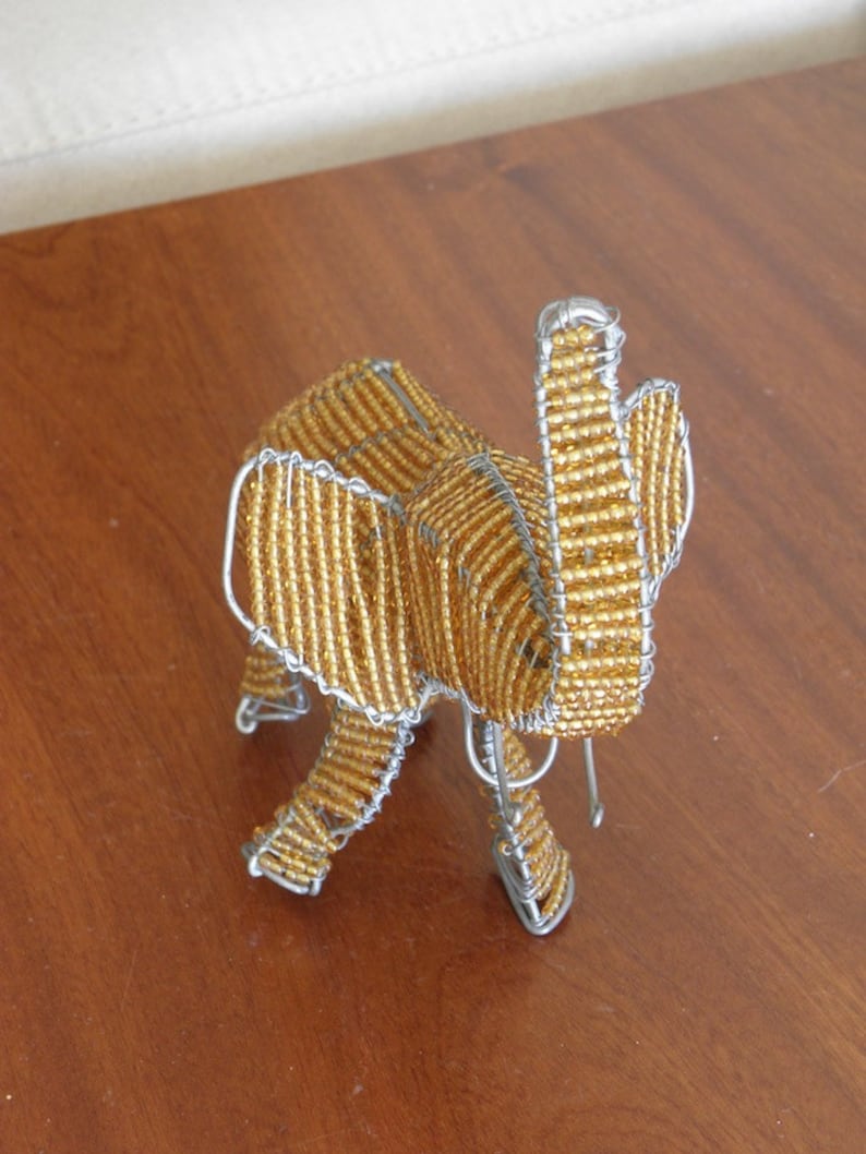 African Beaded Wire Animal Sculpture Elephant Small Gold Etsy