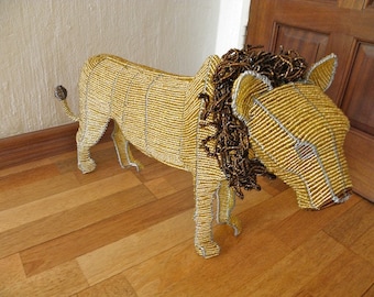 African Beaded Wire Animal Sculpture - LION LARGE - Natural