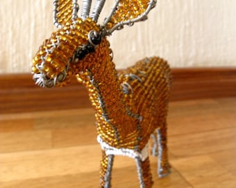 African Beaded Wire Animal Sculpture - IMPALA SMALL - Natural