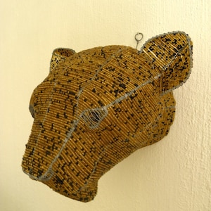 African Beaded Wire Animal Sculpture - LEOPARD Head - Natural