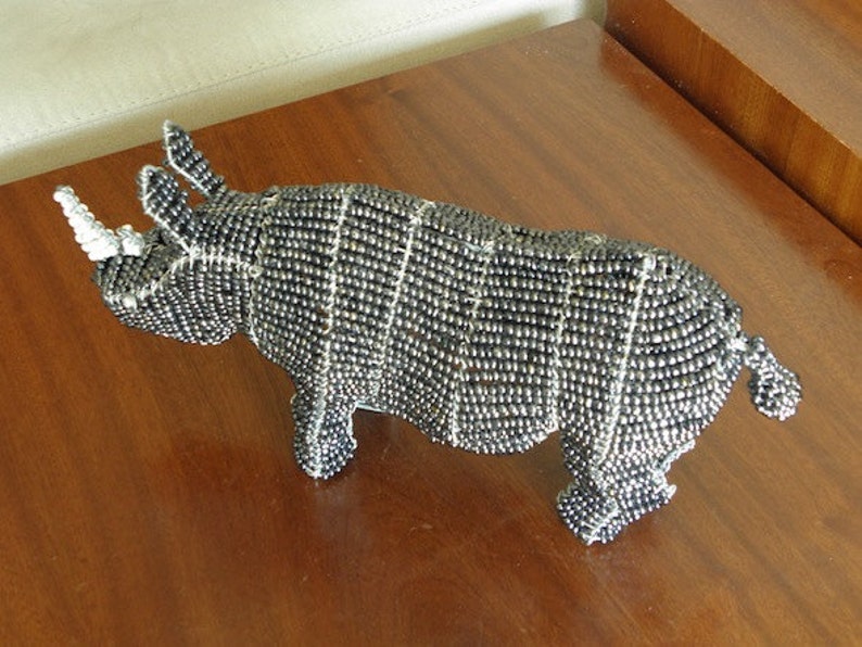 Afrikanische Perlen Draht Tier Skulptur Nashorn Medium Grau Bild 2