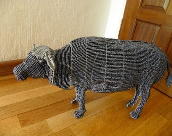 African Beaded Wire Animal Sculpture - BUFFALO LARGE - Gray