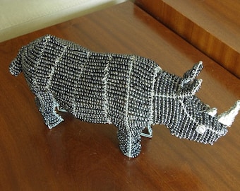 African Beaded Wire Animal Sculpture - RHINO MEDIUM - Gray
