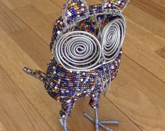 African Beaded Wire Animal  - OWL - Multicolored