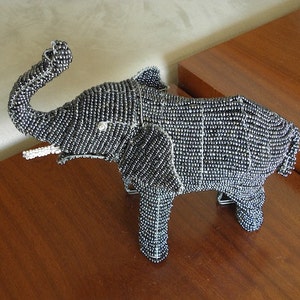 African Beaded Wire Animal Sculpture - ELEPHANT MEDIUM SMALL - Gray