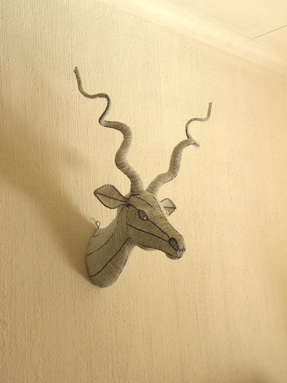 African Beaded Wire Animal Sculpture KUDU ANTELOPE Head White