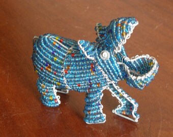 African Beaded Wire Animal Sculpture - HIPPO SMALL - Light Blue