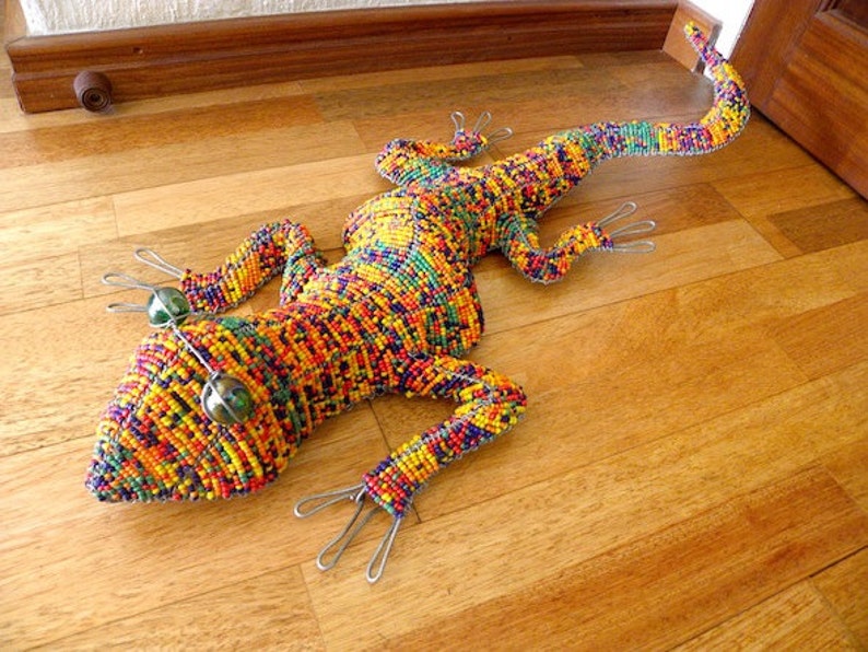 African Beaded Wire LIZARD LARGE Orange Multicolor Etsy