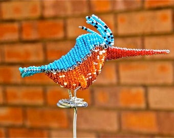 African Beaded Wire Animal Sculpture - BIRD SMALL - Blue & Orange Kingfisher with stand