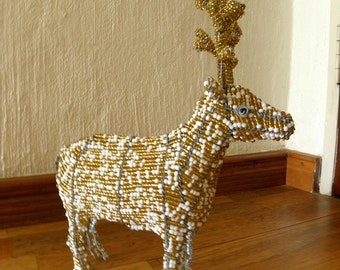 African Beaded Wire Animal  - REINDEER SMALL - Gold and White
