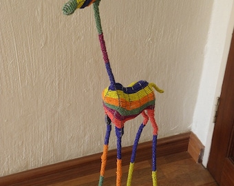 African Beaded Wire Animal Sculpture - GIRAFFE LARGE - Rainbow