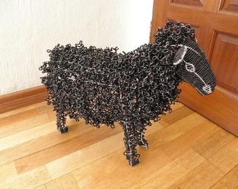 African Beaded Wire Animal Sculpture - SHEEP LARGE - Black