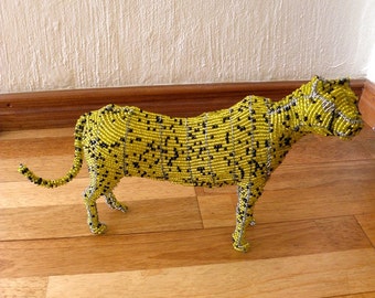 African Beaded Wire Animal Sculpture - CHEETAH Medium - Natural