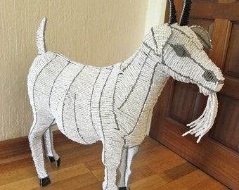 African Beaded Wire Animal Sculpture - GOAT MEDIUM - White