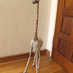 African Beaded Wire Animal Sculpture - GIRAFFE MEDIUM - Gold/White