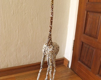 African Beaded Wire Animal Sculpture - GIRAFFE MEDIUM - Gold/White