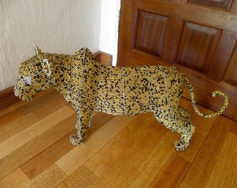 African Beaded Wire Animal Sculpture - LEOPARD MEDIUM - Natural