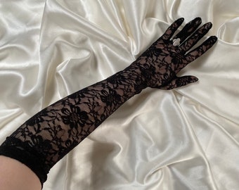 BLACK LACE gloves opera length stretchy floral lace gloves - black lacey gloves prom party dance cosplay drag glove pretty sexy hot femme