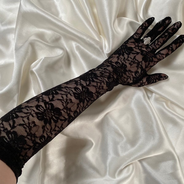 BLACK LACE gloves opera length stretchy floral lace gloves - black lacey gloves prom party dance cosplay drag glove pretty sexy hot femme