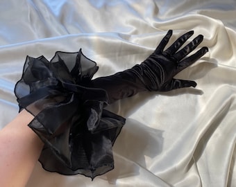 Gants longs en satin à volants en maille noire déclaration à froufrous wow événement de mariage fête danse performance costume burlesque drag cosplay