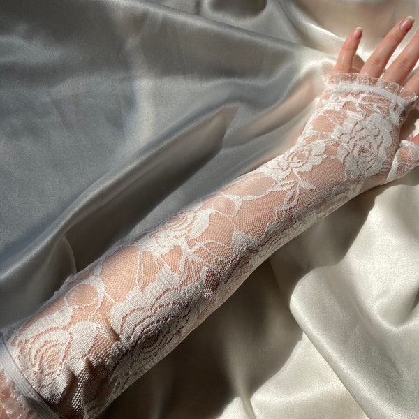 FLORAL LACE on elbow length thumb hole white stretch mesh fingerless glove sleeves, bridal gloves, elbow length wedding glove, hen do glove