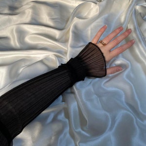 BLACK PLISSE pleated ruffle sheer sleeve gloves, long fingerless gloves,  cosplay costume hen party outfit hen do gothic goth cute arm cover