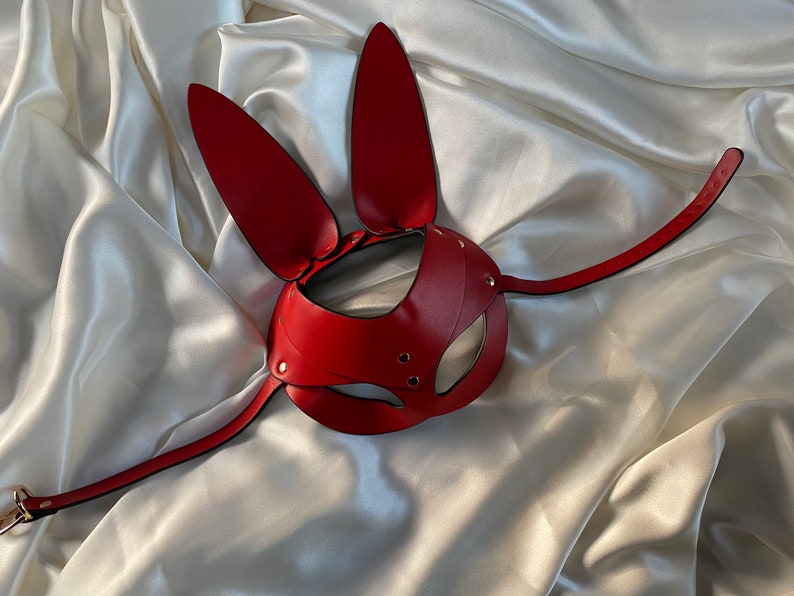 Faux leather red and black bunny mask face mask costume party fancy dress burlesque dancer drag vegan leather pleather mask rabbit cosplay 