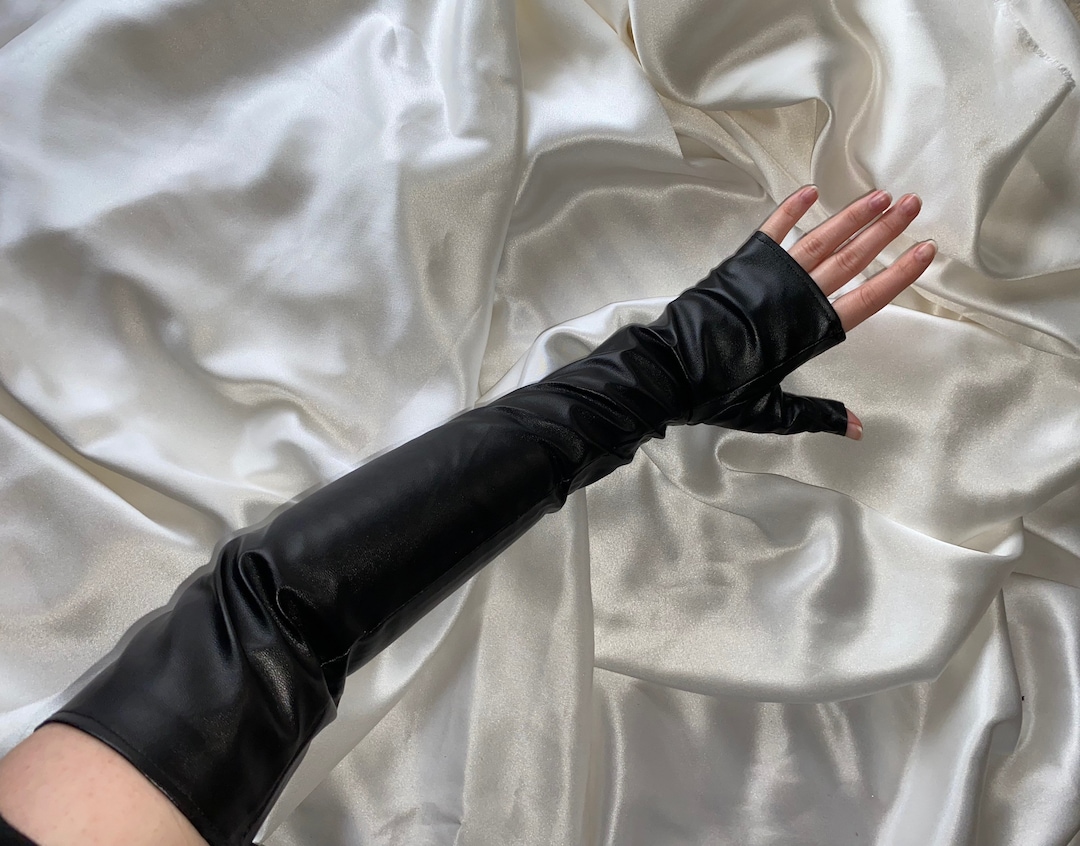 Black Faux Leather Opera Sleeve Gloves, Very Long Fingerless Gloves