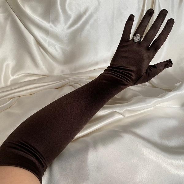 CHOCOLATE BROWN gloves long opera length elbow shiny satin silky wedding hen do bride cosplay dress up glove bridal dance drag performance