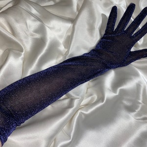 DARK BLUE GLITTER gloves, navy elbow length opera shimmer fabric glove sparkle effect, cosplay party event gloves