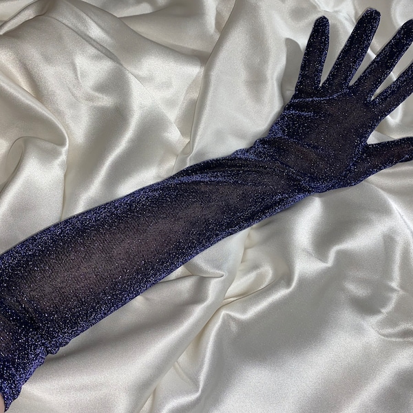 Gants pailletés bleu foncé, effet scintillant de gant en tissu irisé bleu marine longueur coude, gants pour soirée cosplay