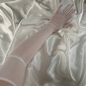 ELIZA white semi sheer gloves opera over elbow length, wedding long bridal cosplay costume gloves party outfit hen do dress tights stretch