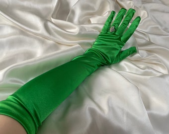 GREEN gloves extra long opera length elbow shiny satin silky wedding hen do bride cosplay dress up glove bridal dance drag performance