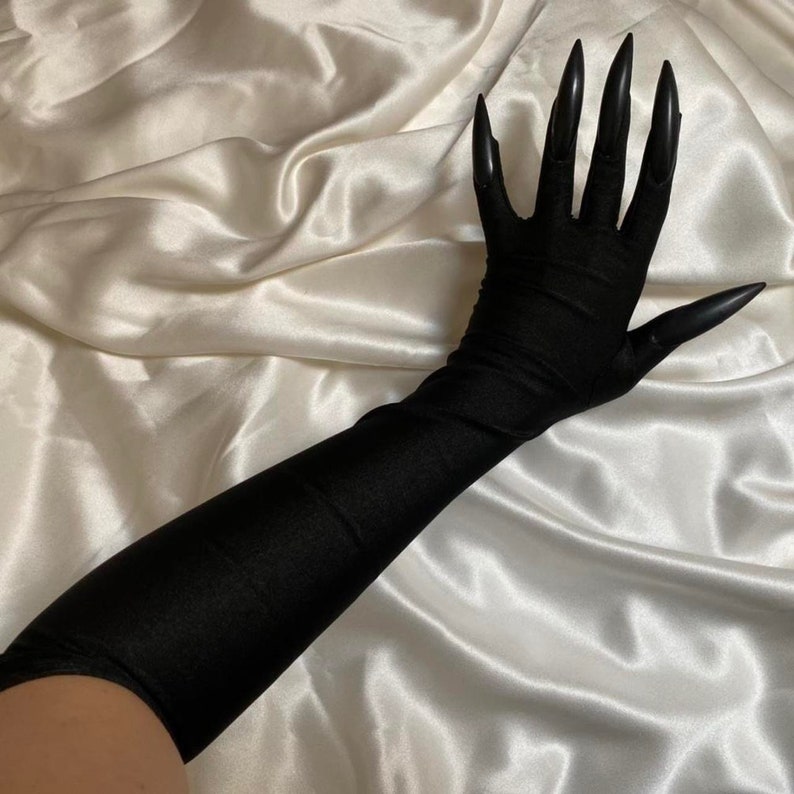 Extreme statement gothic MATTE BLACK nails performance drag singer elbow length bridal gloves, cosplay costume sexy gloves, party outfit image 3