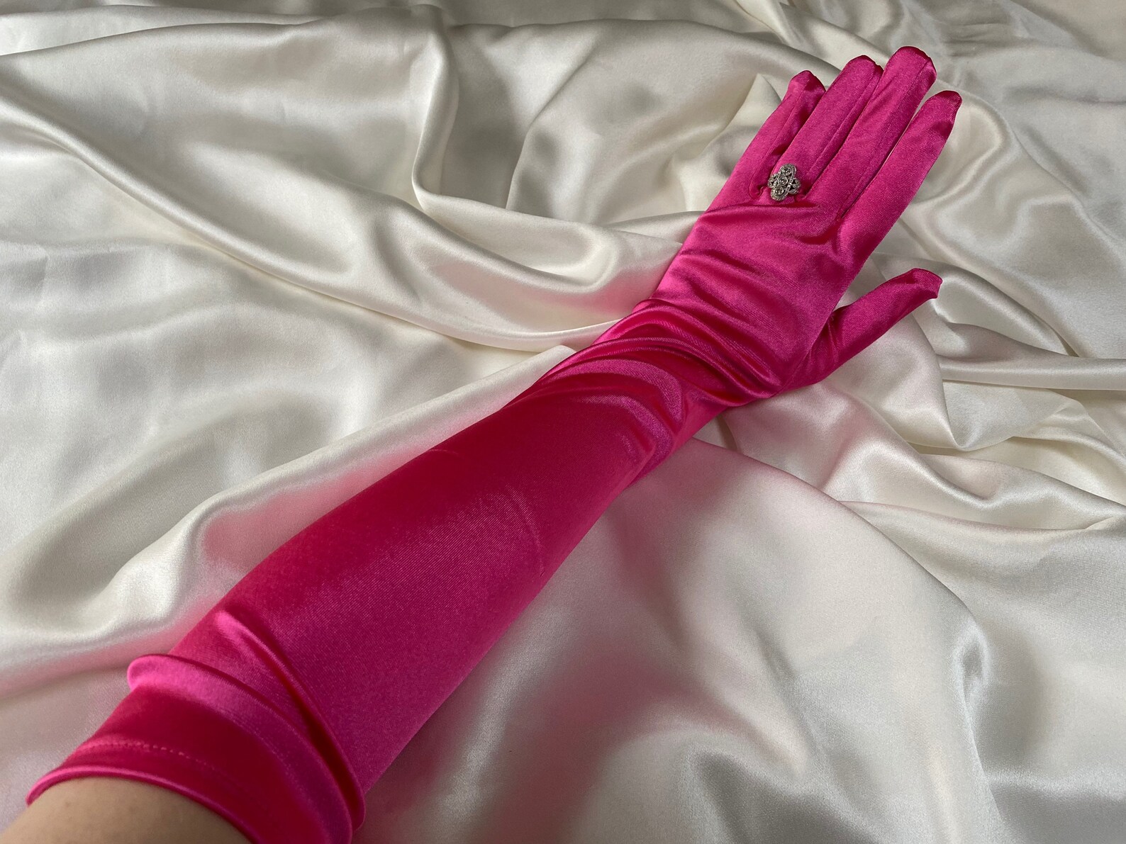 HOT PINK Gloves Extra Long Opera Length Elbow Shiny Satin Etsy