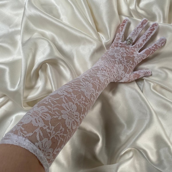 BRIDE WHITE gloves opera length stretchy floral lace gloves - bridal lacey gloves prom party dance cosplay drag glove pretty WEDDING hen