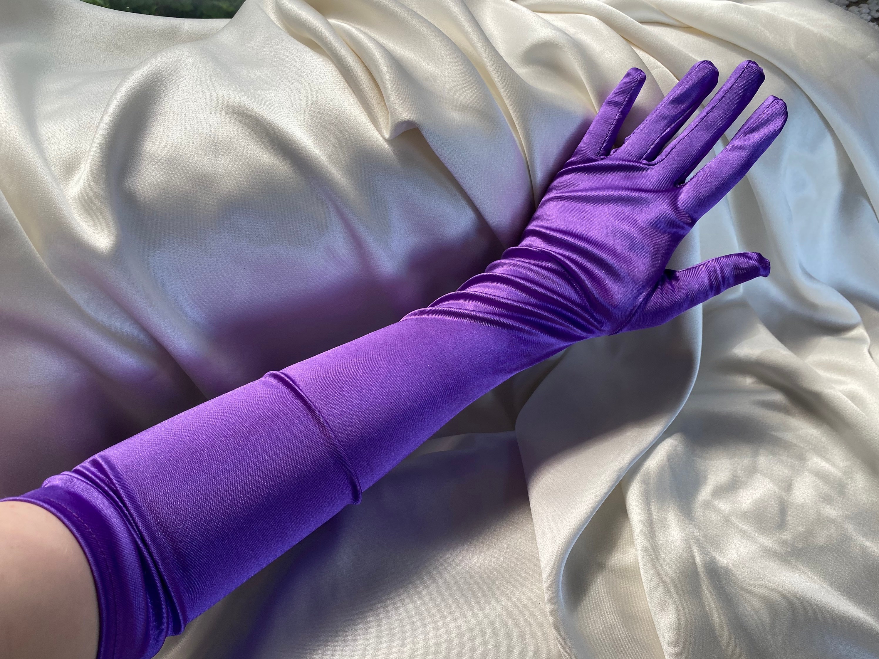 PURPLE Gloves Extra Long Opera Length Elbow Shiny Satin Silky