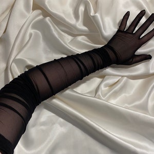 Ruched black extreme length over elbow length semi sheer gloves, very long bridal cosplay costume gloves dress tights stretch Christmas gift