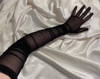 Ruched black extreme length over elbow length semi sheer gloves, very long bridal cosplay costume gloves dress tights stretch Christmas gift