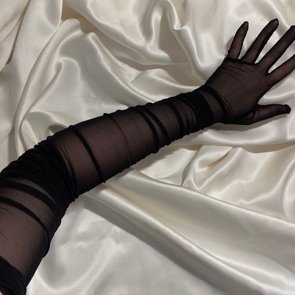 Gants semi-transparents noirs froncés de longueur extrême sur la longueur des coudes, très longs gants de costume de cosplay de mariée collants habillés cadeau de Noël extensible