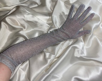 SILVER GREY GLITTER gloves, elbow length opera shimmer fabric glove sparkle effect, cosplay party event gloves