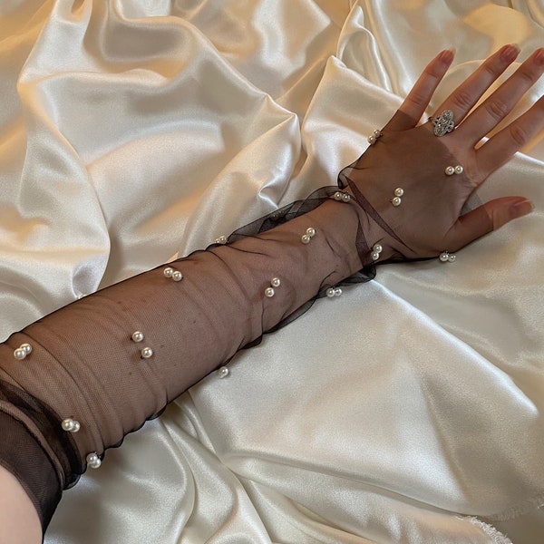 Couvre-bras de gants de mariée en tulle noir, cadeau d'accessoires de poule en maille transparente, gants de mariée en perles pour mariage