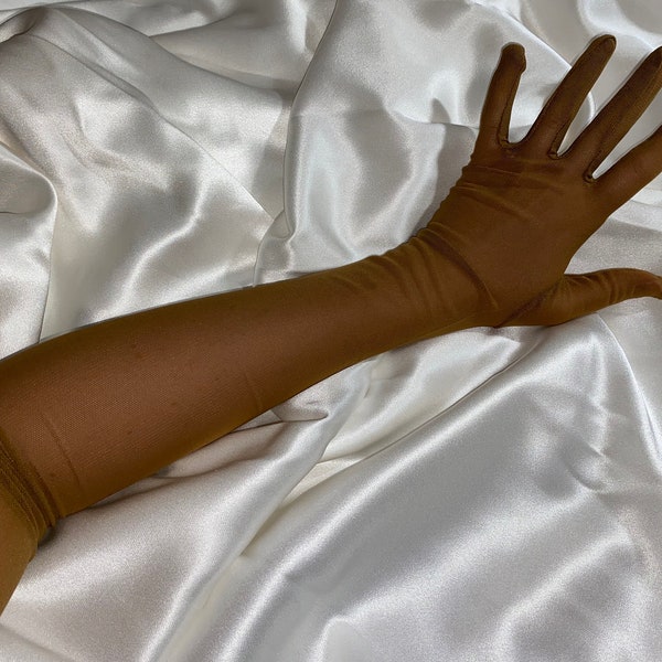 Gants semi-transparents longueur coude opéra brun chocolat, longs gants de costume de cosplay de mariée tenue de fête de poule collants stretch