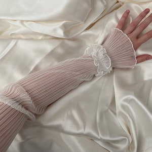 Kathleen OFF WHITE PLISSE pleated ruffle sheer sleeve gloves, long fingerless gloves,  cosplay costume party outfit hen do bridal cute cover
