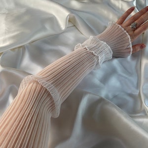 Kathleen WHITE PLISSE pleated ruffle sheer sleeve gloves, long fingerless gloves, cosplay costume party outfit hen do bridal cute arm cover image 2