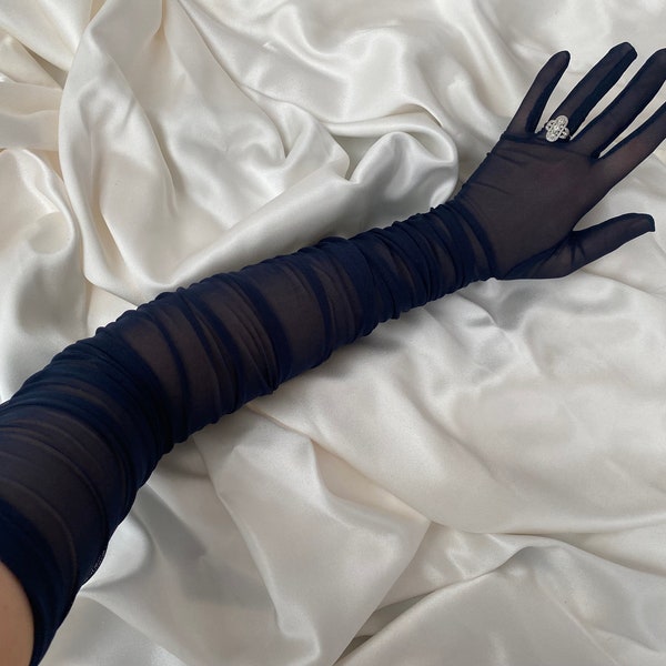 Ruched FRENCH NAVY extreme length over elbow length semi sheer gloves, very long bridal cosplay costume glove dress tights stretch gift drag