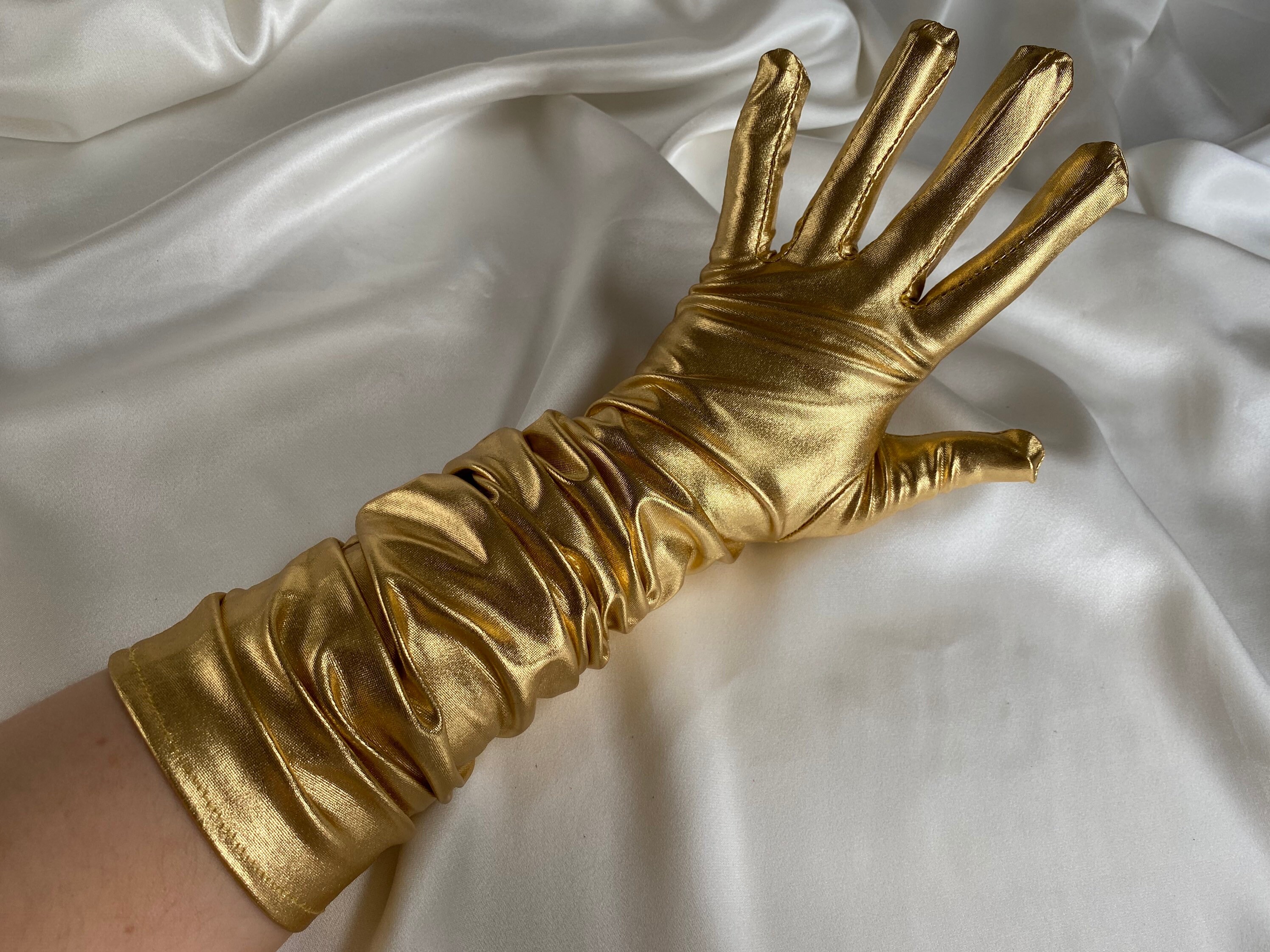 Long gold 2024 satin gloves