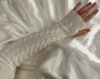 Knitted cream arm warmers cable knit fingerless thumb hole warm long sleeves winter gloves knit sleeve glove