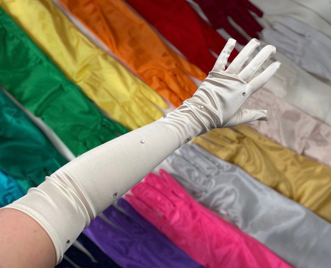 DIAMANTÉ Satin Gloves Extra Long Opera Length Many Colours Elbow Shiny Silky Wedding Hen Do