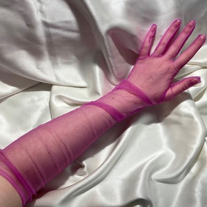 BUBBLEGUM pink gloves tulle mesh elbow length sheer opera gloves, long hemmed cosplay trending fashion wedding party drag prom event glove